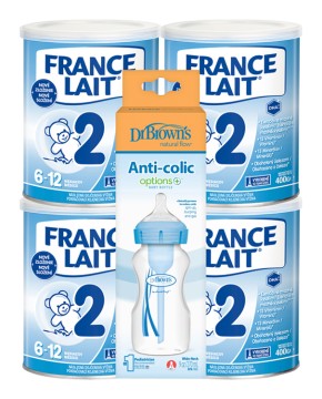 France Lait 2 následná mliečna dojčenská výživa 6-12 mesiacov so železom + DHA 4x400g + Dr. Brown’s Dojčenská Antikoliková fľaša Options+ Wide-Neck 270ml, modrá