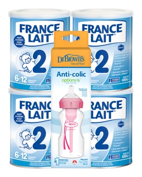 France Lait 2 následná mliečna dojčenská výživa 6-12 mesiacov so železom + DHA 4x400g + Dr. Brown’s Dojčenská Antikoliková fľaša Options+ Wide-Neck 270ml, ružová
