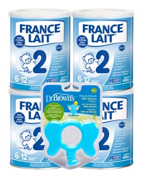 France Lait 2 následná mliečna dojčenská výživa 6-12 mesiacov so železom + DHA 4x400g + Dr. Brown’s Hryzadlo Flexees Friends 3M+ Slon