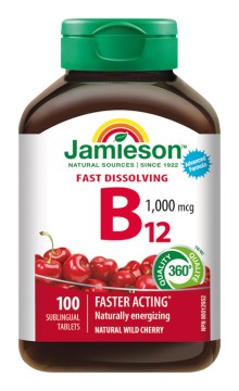 Jamieson Vitamín B12 metylkobalamín 1000 mcg rýchlorozpustné tablety s príchuťou čerešne 100tbl.