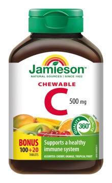 Jamieson Vitamín C 500mg tablety na cmúľanie mix troch ovocných príchutí 120tbl.