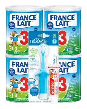 France Lait 3 mliečna výživa pre deti od 1 roka so železom + DHA 4x400g + Dr. Brown’s Zubná kefka Sloník tréningová modrá
