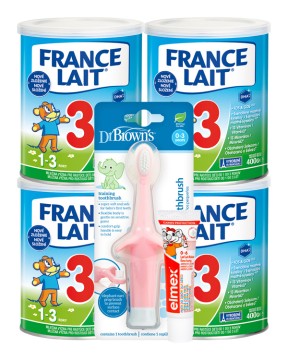France Lait 3 mliečna výživa pre deti od 1 roka so železom + DHA 4x400g + Dr. Brown’s Zubná kefka Sloník tréningová ružová
