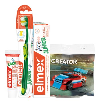 Elmex Junior balíček – zubná pasta 50ml, zubná kefka + zubná pasta 12ml + stavebnica