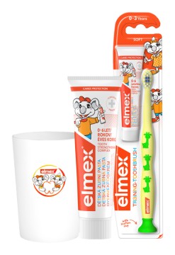 Elmex Detská zubná pasta (50ml + 12ml) + kefka + pohárik