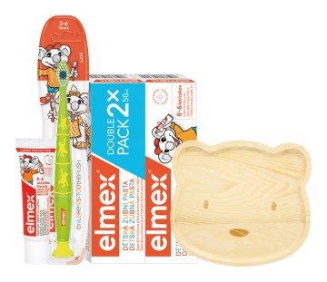 Elmex Detský balíček – 2x zubná pasta 50ml, zubná kefka 3-6 rokov + zubná pasta 12ml + drevený tanierik