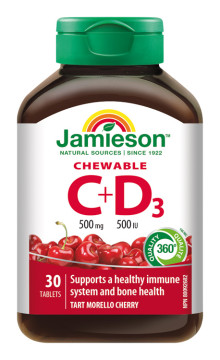 Jamieson Vitamíny C a D3 500 mg/500 IU tablety na cmúľanie s príchuťou višne 30 tbl.
