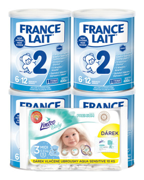 France Lait 2 následná mliečna dojčenská výživa 6-12 mesiacov so železom + DHA 4x400g + Linteo Baby Premium Midi jednorázové plienky