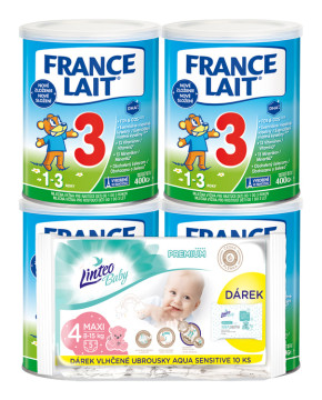 France Lait 3 mliečna výživa pre deti od 1 roka so železom + DHA 4x400g + Linteo Baby Premium Maxi jednorázové plienky