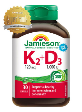 Jamieson Vitamíny K2 120mcg a D3 1000 IU 30cps.