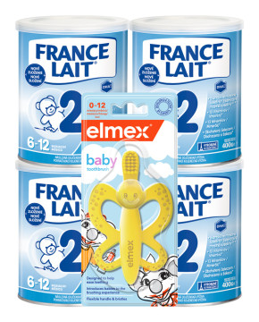 France Lait 2 následná mliečna dojčenská výživa 6-12 mesiacov so železom + DHA 4x400g + Elmex BABY hryzadlo a kefka