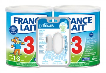 France Lait 3 mliečna výživa pre deti od 1 roka so železom + DHA 2x400g + Dr. Brown’s Prstová masážna zubná kefka s púzdrom