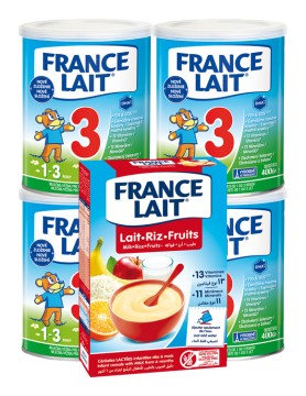 France Lait 3 so železom + DHA od 1 roka 4x400g + Ryžová mliečna kaša ovocná 250g