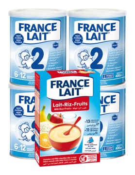 France Lait 2 so železom + DHA 6-12 mesiacov 4x400g + Ryžová mliečna kaša ovocná 250g