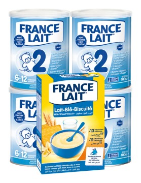 France Lait 2 následná mliečna dojčenská výživa 6-12 mesiacov so železom + DHA 4x400g + Pšeničná mliečna kaša sušienky 250g