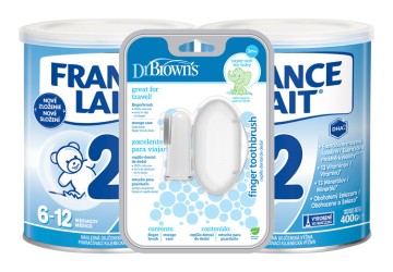 France Lait 2 následná mliečna dojčenská výživa 6-12 mesiacov so železom + DHA 2x400g + Dr. Brown’s Prstová zubná kefka