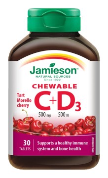 Jamieson Vitamíny C a D3 500 mg/500 IU tablety na cmúľanie s príchuťou višne 30 tbl.