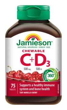 Jamieson Vitamíny C a D3 500 mg/500 IU tablety na cmúľanie s príchuťou višne 75 tbl.