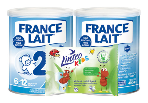 France Lait 2 následná mliečna dojčenská výživa 6-12 mesiacov so železom + DHA 2x400g + Linteo Kids vlhčené utierky