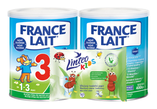 France Lait 3 so železom + DHA od 1 roka 2x400g + Linteo Kids vlhčené utierky