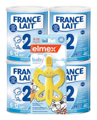 France Lait 2 následná mliečna dojčenská výživa 6-12 mesiacov so železom + DHA 4x400g + Elmex BABY hryzadlo a kefka