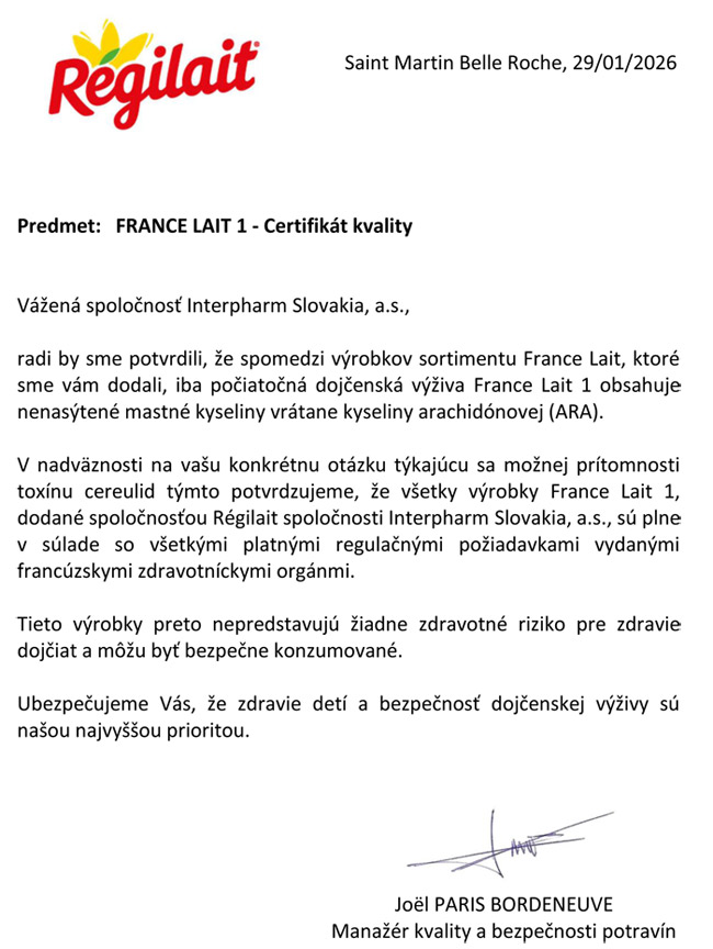 France Lait 1 Certifikát kvality France Lait 1 Certifikát kvality